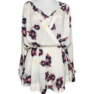 Free People Tuscan Dreams Tunic Top, Tropical Floral, ivory, black, purple, SZ M
